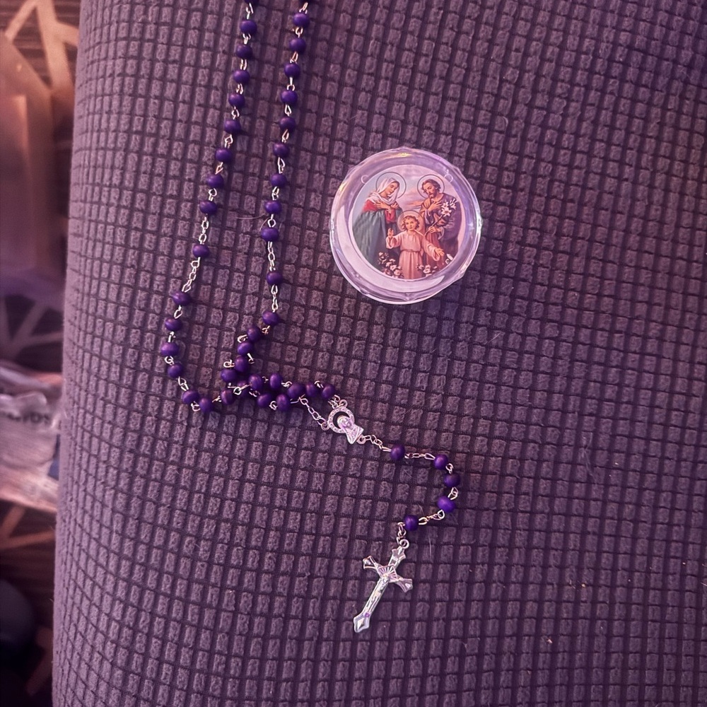 Purple and Silver Beaded Necklace with Cross Pendant